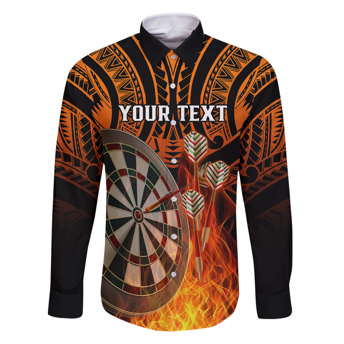Personalised Polynesian Darts Family Matching Long Sleeve Bodycon Dress and Hawaiian Shirt Fire Burning With Tribal Tattoo LT14 Dad's Shirt - Long Sleeve Orange - Polynesian Pride