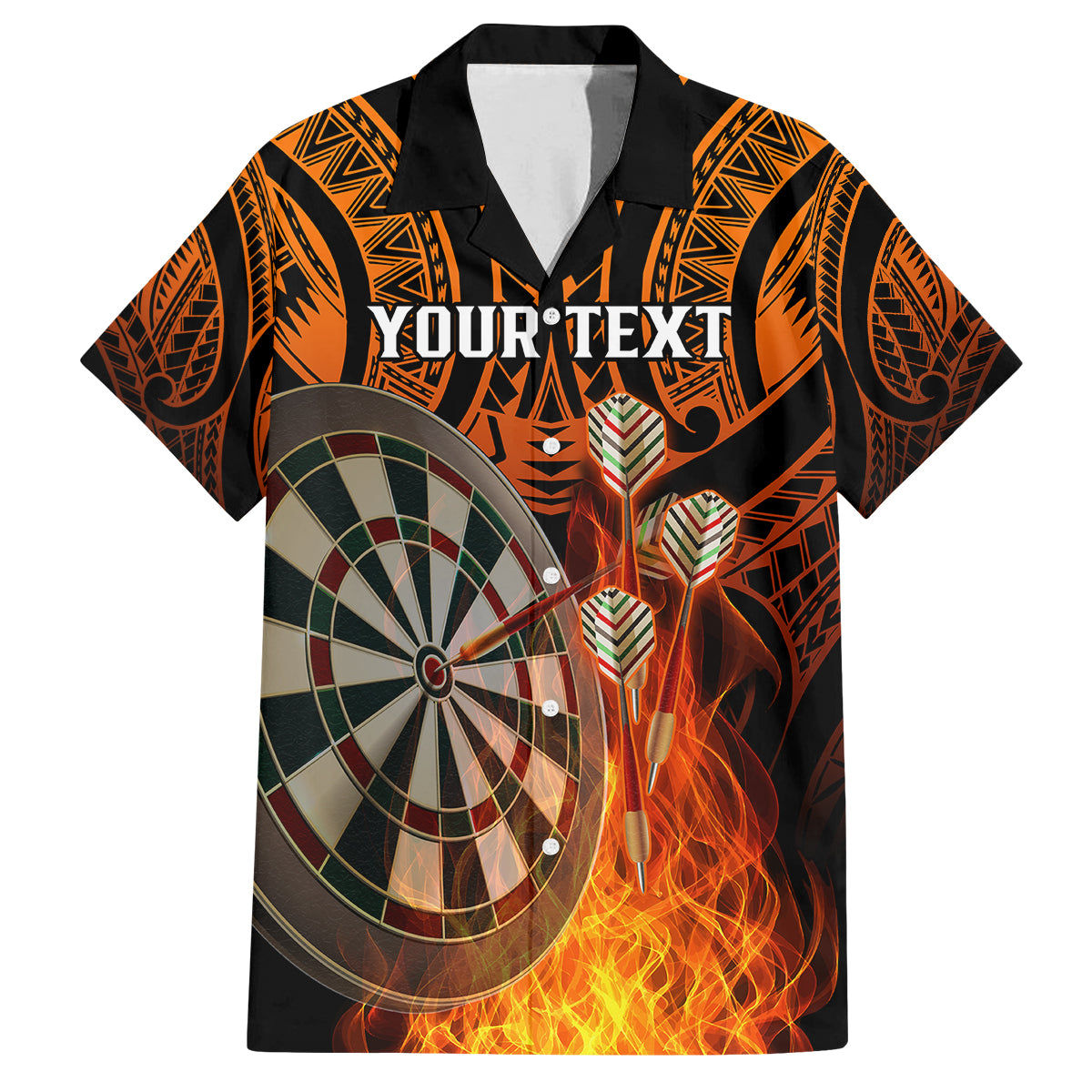 Personalised Polynesian Darts Family Matching Off Shoulder Short Dress and Hawaiian Shirt Fire Burning With Tribal Tattoo LT14 Dad's Shirt - Short Sleeve Orange - Polynesian Pride