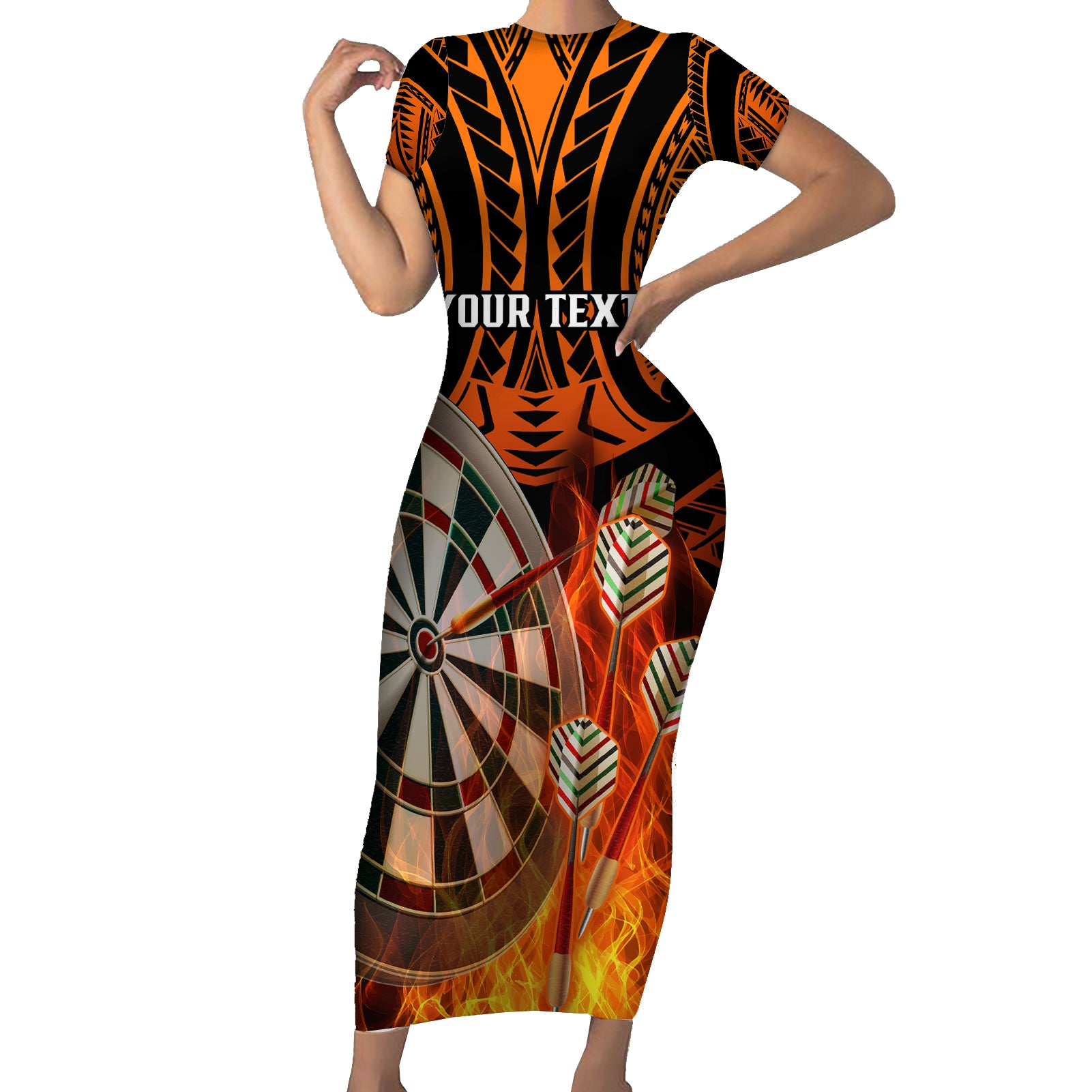 Personalised Polynesian Darts Short Sleeve Bodycon Dress Fire Burning With Tribal Tattoo LT14 Long Dress Orange - Polynesian Pride