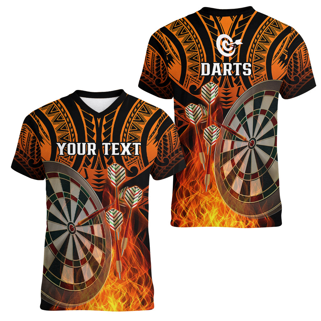 Personalised Polynesian Darts Women V Neck T Shirt Fire Burning With Tribal Tattoo LT14 - Polynesian Pride