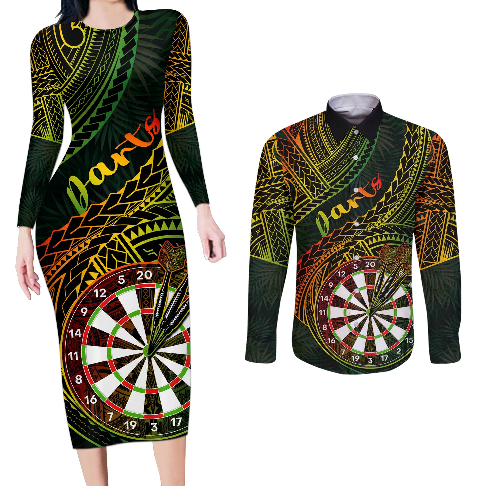 Personalised Polynesian Darts Couples Matching Long Sleeve Bodycon Dress and Long Sleeve Button Shirts Dart Lovers Tribal Pattern Mix Tropical Leaves LT14 Reggae - Polynesian Pride