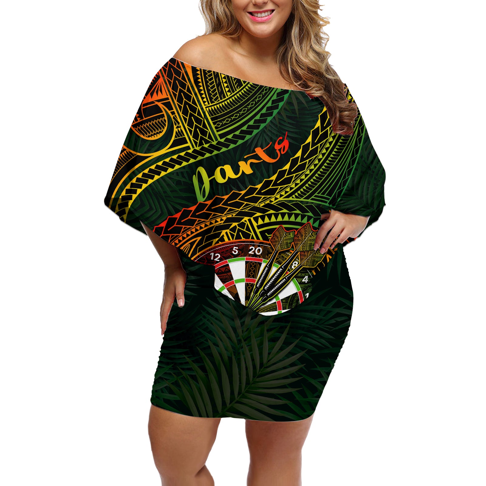 Personalised Polynesian Darts Off Shoulder Short Dress Dart Lovers Tribal Pattern Mix Tropical Leaves LT14 Women Reggae - Polynesian Pride