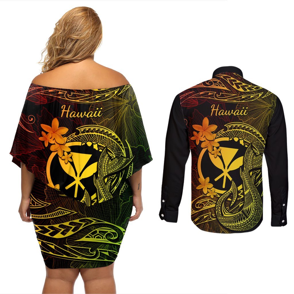 Hawaii Couples Matching Off Shoulder Short Dress and Long Sleeve Button Shirts Fish Hook Tattoo Mix Polynesian Plumeria Reggae Version LT14 - Polynesian Pride