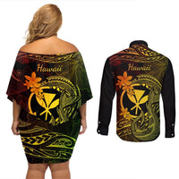 Hawaii Couples Matching Off Shoulder Short Dress and Long Sleeve Button Shirts Fish Hook Tattoo Mix Polynesian Plumeria Reggae Version LT14 - Polynesian Pride