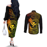 Hawaii Couples Matching Off The Shoulder Long Sleeve Dress and Long Sleeve Button Shirts Fish Hook Tattoo Mix Polynesian Plumeria Reggae Version LT14 - Polynesian Pride