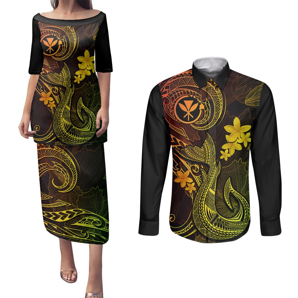 Hawaii Couples Matching Puletasi Dress and Long Sleeve Button Shirts Fish Hook Tattoo Mix Polynesian Plumeria Reggae Version LT14 Reggae - Polynesian Pride