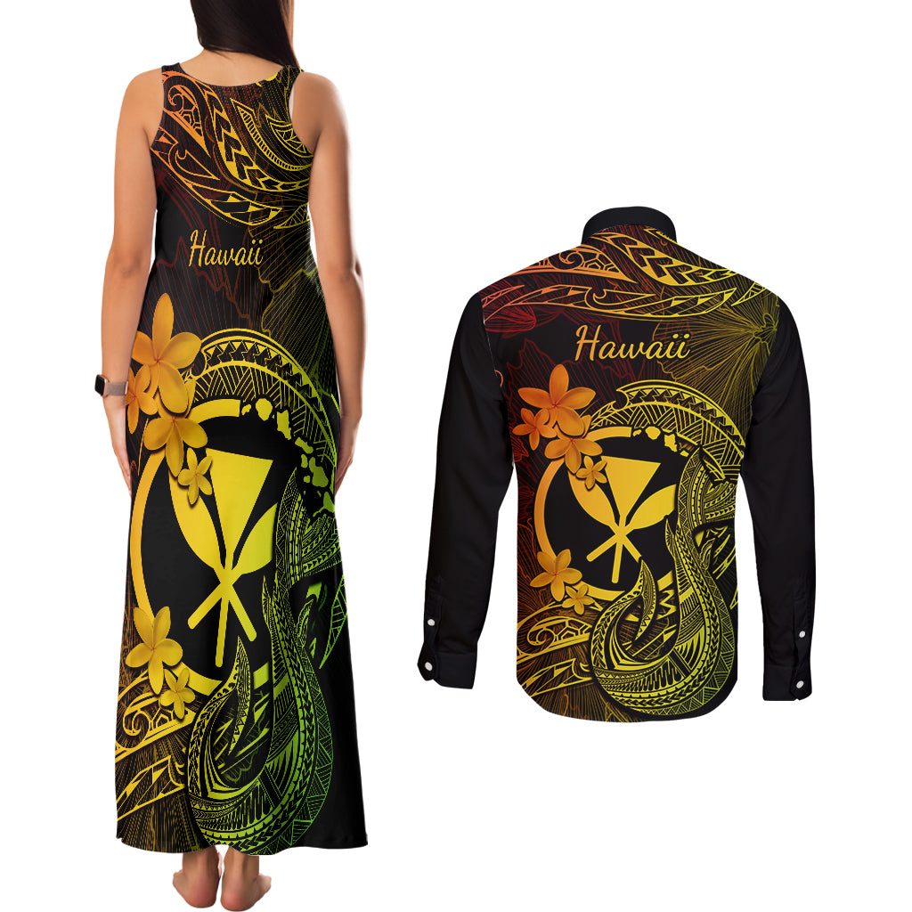 Hawaii Couples Matching Tank Maxi Dress and Long Sleeve Button Shirts Fish Hook Tattoo Mix Polynesian Plumeria Reggae Version LT14 - Polynesian Pride