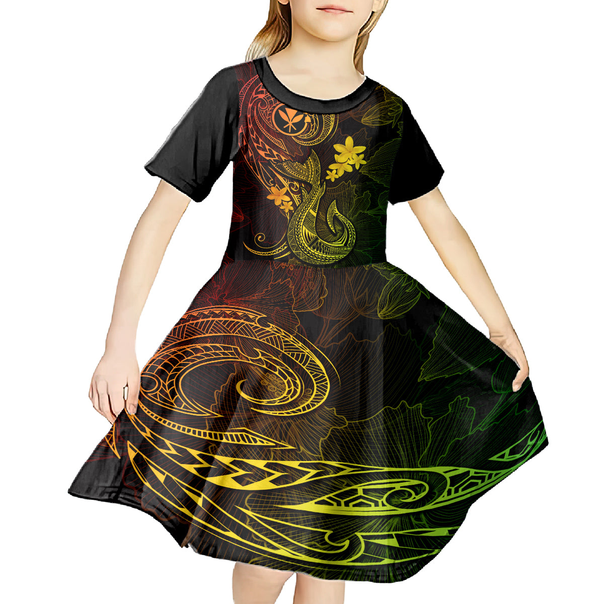 Hawaii Kid Short Sleeve Dress Fish Hook Tattoo Mix Polynesian Plumeria Reggae Version LT14 - Polynesian Pride