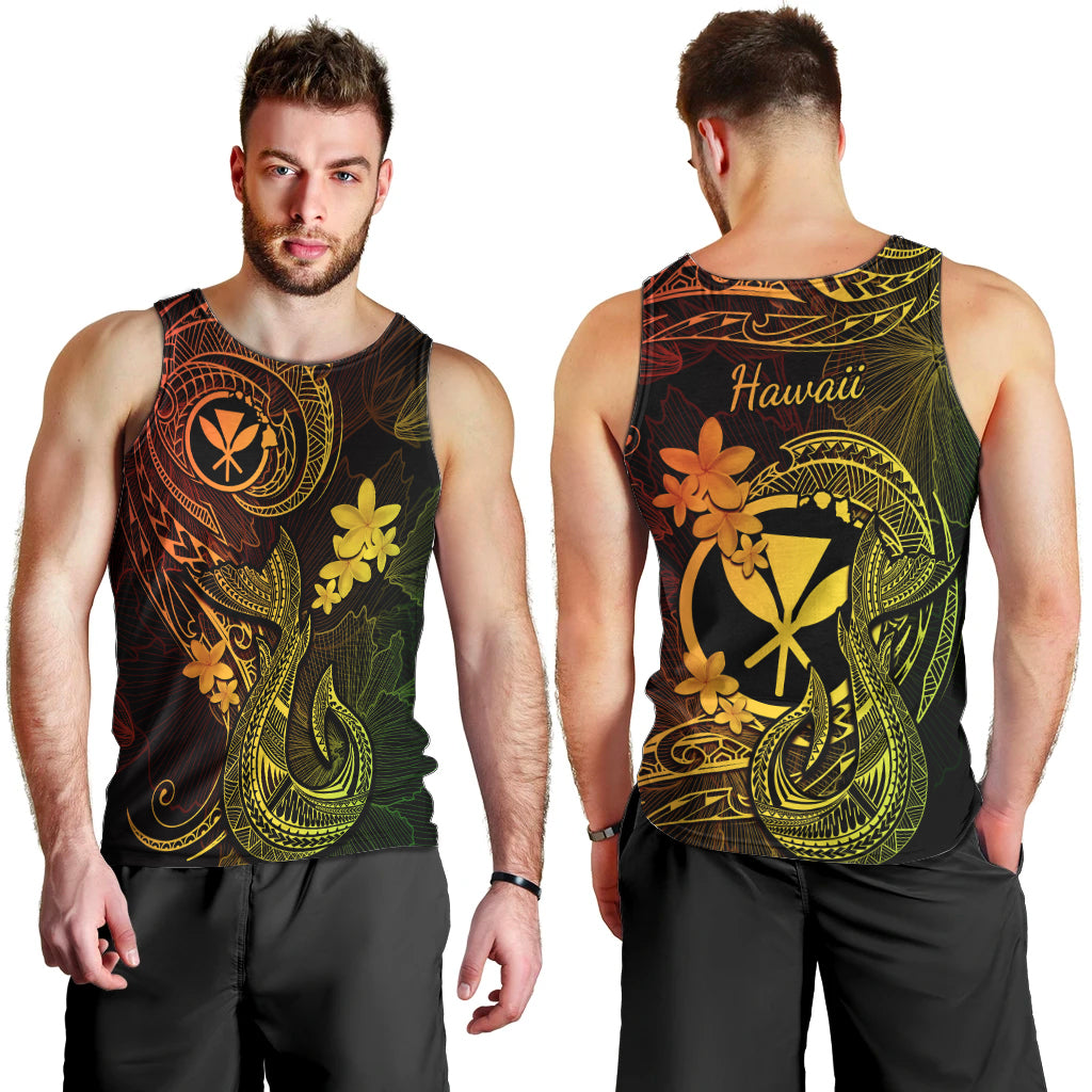 Hawaii Men Tank Top Fish Hook Tattoo Mix Polynesian Plumeria Reggae Version LT14 - Polynesian Pride