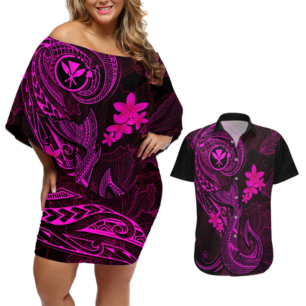 Hawaii Couples Matching Off Shoulder Short Dress and Hawaiian Shirt Fish Hook Tattoo Mix Polynesian Plumeria Pink Version LT14 Pink - Polynesian Pride