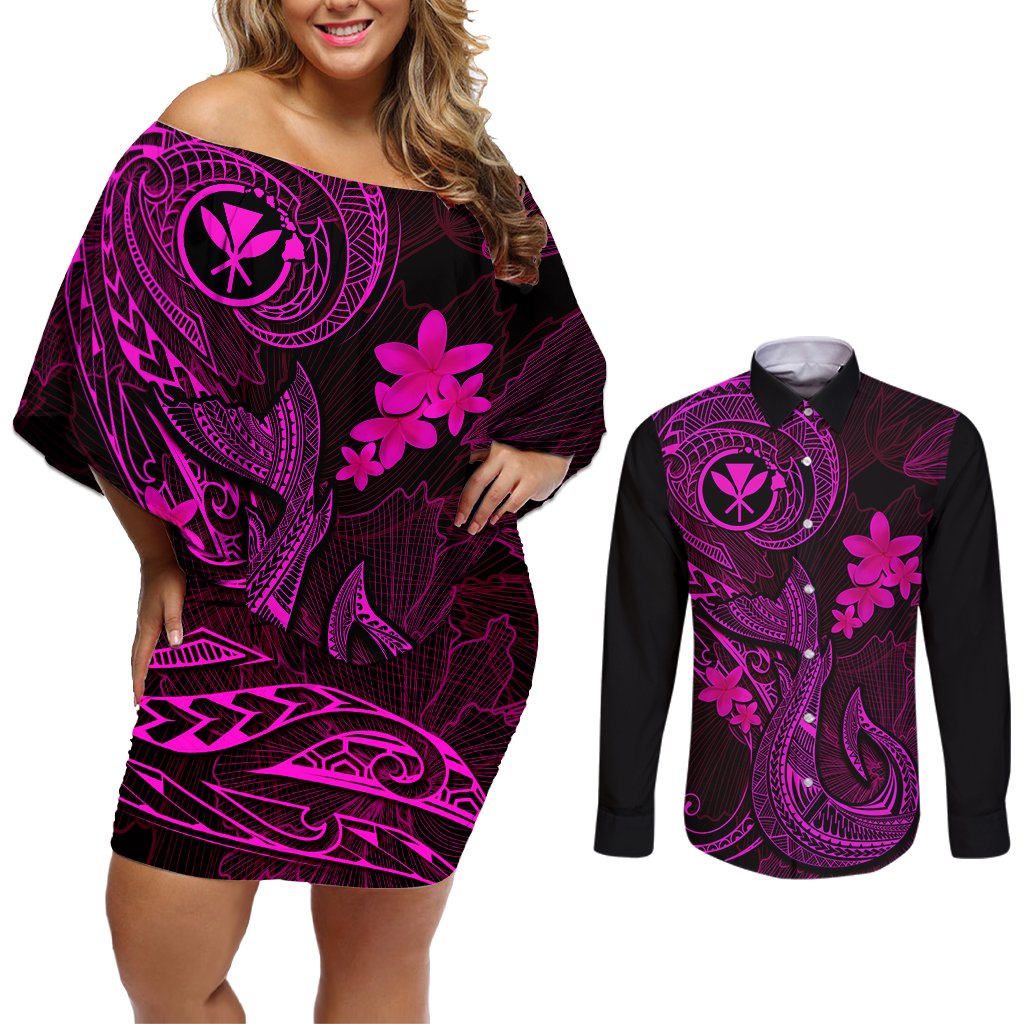 Hawaii Couples Matching Off Shoulder Short Dress and Long Sleeve Button Shirts Fish Hook Tattoo Mix Polynesian Plumeria Pink Version LT14 Pink - Polynesian Pride