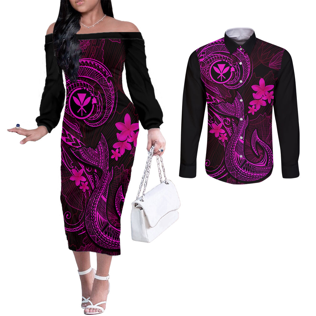 Hawaii Couples Matching Off The Shoulder Long Sleeve Dress and Long Sleeve Button Shirts Fish Hook Tattoo Mix Polynesian Plumeria Pink Version LT14 Pink - Polynesian Pride
