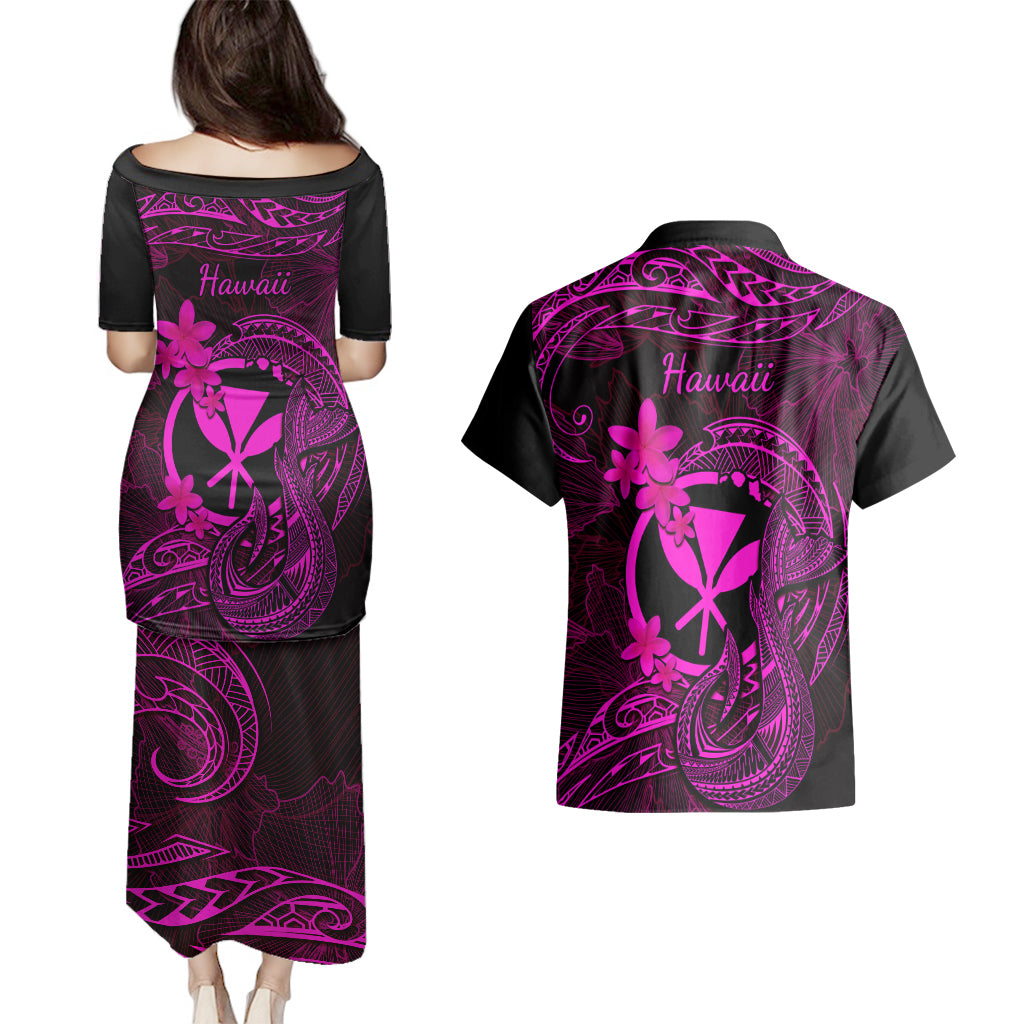 Hawaii Couples Matching Puletasi Dress and Hawaiian Shirt Fish Hook Tattoo Mix Polynesian Plumeria Pink Version LT14 - Polynesian Pride