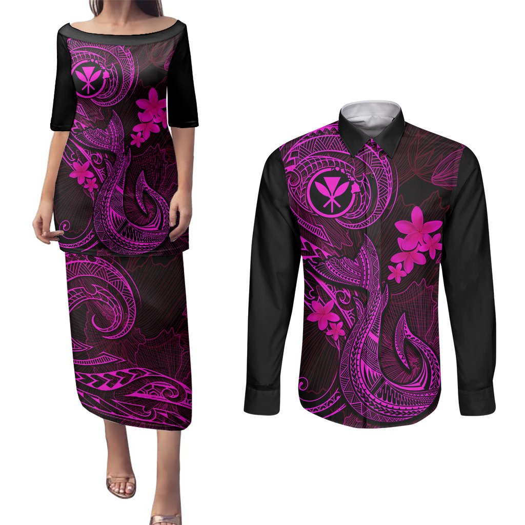 Hawaii Couples Matching Puletasi Dress and Long Sleeve Button Shirts Fish Hook Tattoo Mix Polynesian Plumeria Pink Version LT14 Pink - Polynesian Pride