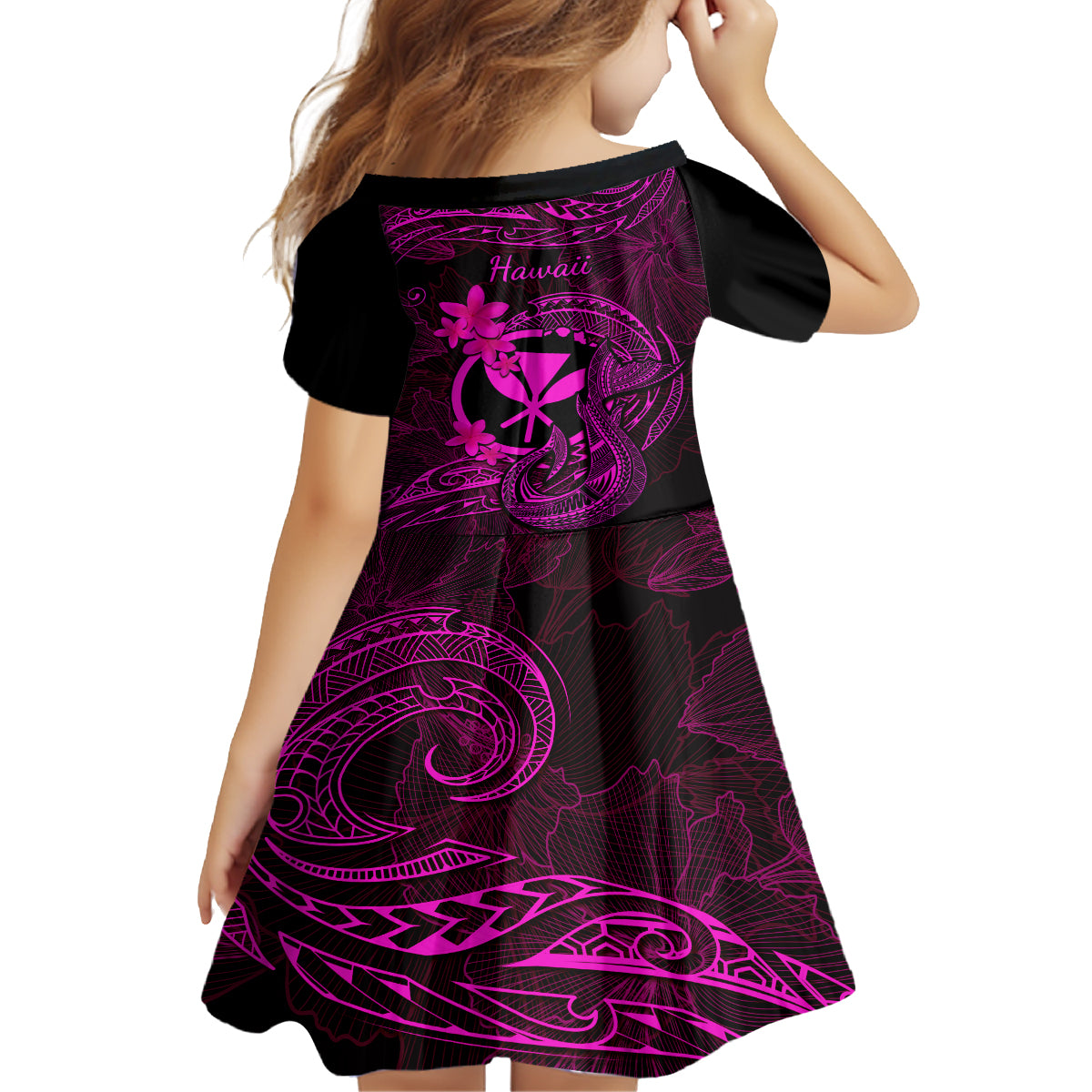 Hawaii Kid Short Sleeve Dress Fish Hook Tattoo Mix Polynesian Plumeria Pink Version LT14 - Polynesian Pride
