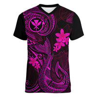 Hawaii Women V Neck T Shirt Fish Hook Tattoo Mix Polynesian Plumeria Pink Version LT14 Female Pink - Polynesian Pride