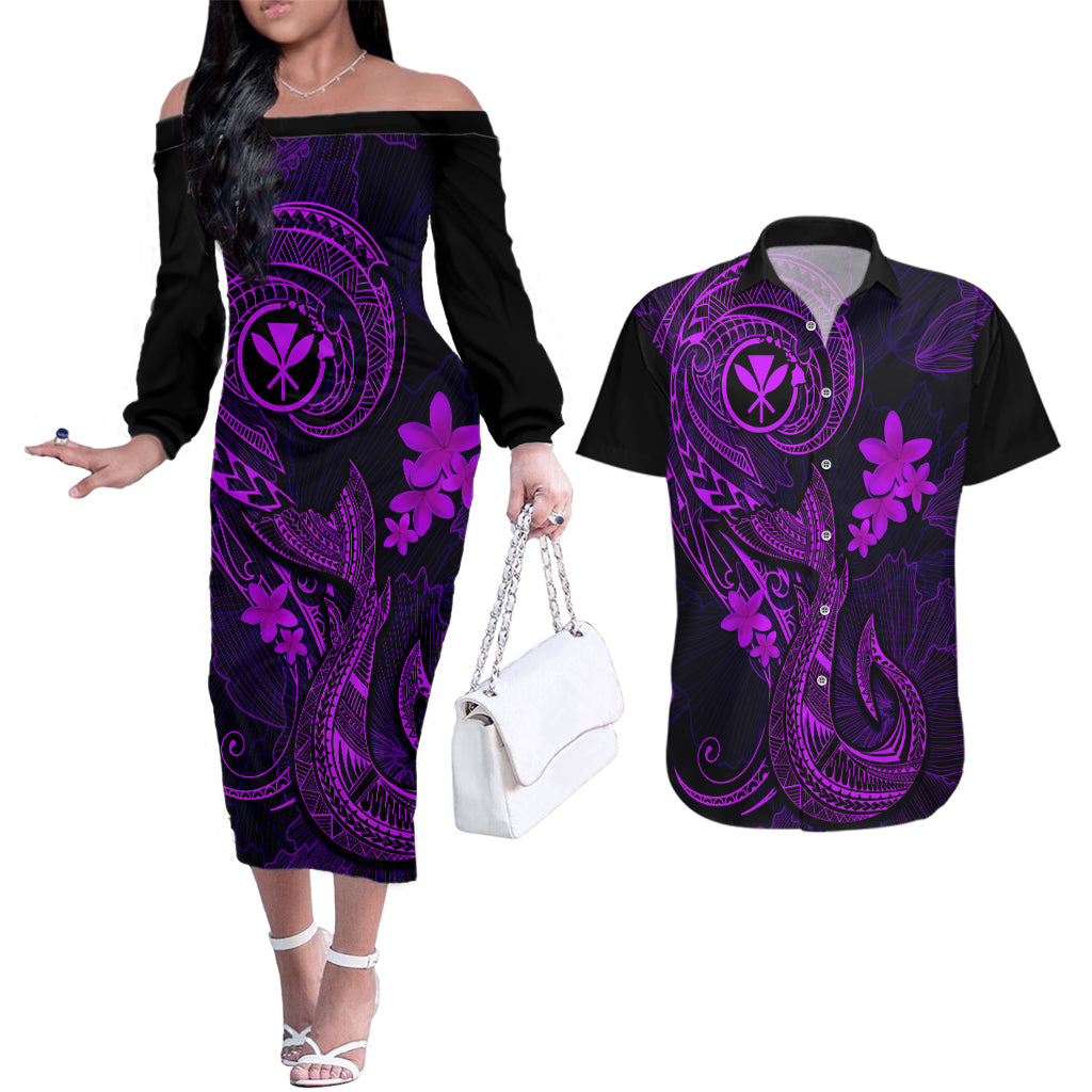 Hawaii Couples Matching Off The Shoulder Long Sleeve Dress and Hawaiian Shirt Fish Hook Tattoo Mix Polynesian Plumeria Purple Version LT14 Purple - Polynesian Pride