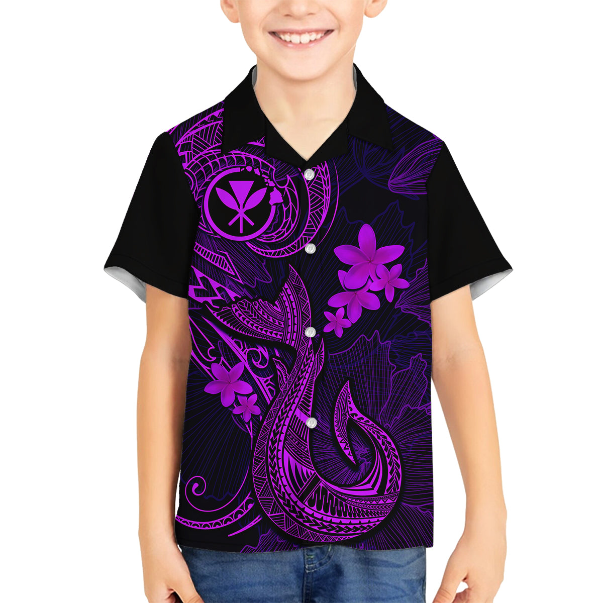 Hawaii Kid Hawaiian Shirt Fish Hook Tattoo Mix Polynesian Plumeria Purple Version LT14 - Polynesian Pride