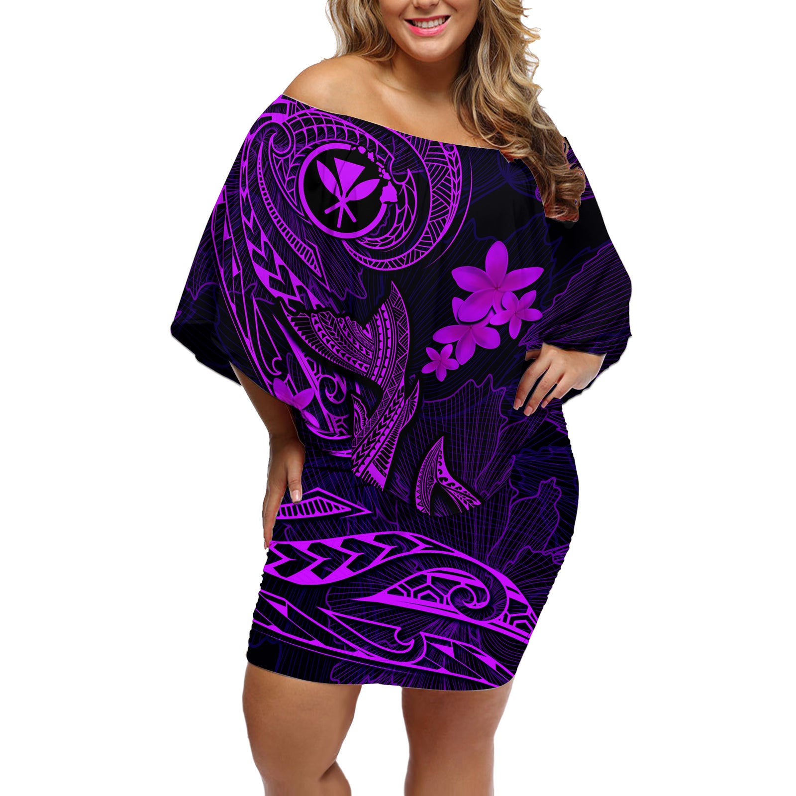 Hawaii Off Shoulder Short Dress Fish Hook Tattoo Mix Polynesian Plumeria Purple Version LT14 Women Purple - Polynesian Pride