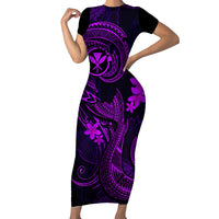 Hawaii Short Sleeve Bodycon Dress Fish Hook Tattoo Mix Polynesian Plumeria Purple Version LT14 Long Dress Purple - Polynesian Pride