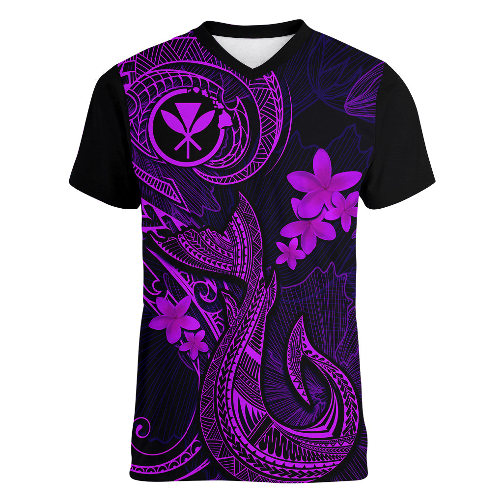 Hawaii Women V Neck T Shirt Fish Hook Tattoo Mix Polynesian Plumeria Purple Version LT14 Female Purple - Polynesian Pride