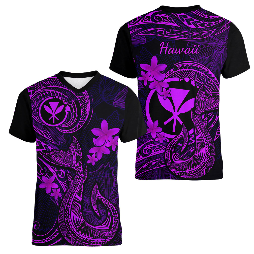 Hawaii Women V Neck T Shirt Fish Hook Tattoo Mix Polynesian Plumeria Purple Version LT14 - Polynesian Pride