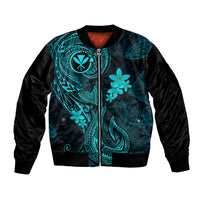 Hawaii Bomber Jacket Fish Hook Tattoo Mix Polynesian Plumeria Turquoise Version LT14 Unisex Turquoise - Polynesian Pride