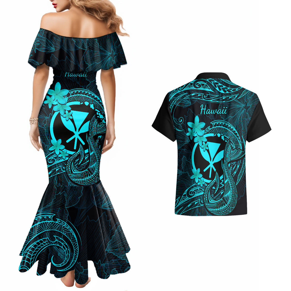Hawaii Couples Matching Mermaid Dress and Hawaiian Shirt Fish Hook Tattoo Mix Polynesian Plumeria Turquoise Version LT14 - Polynesian Pride