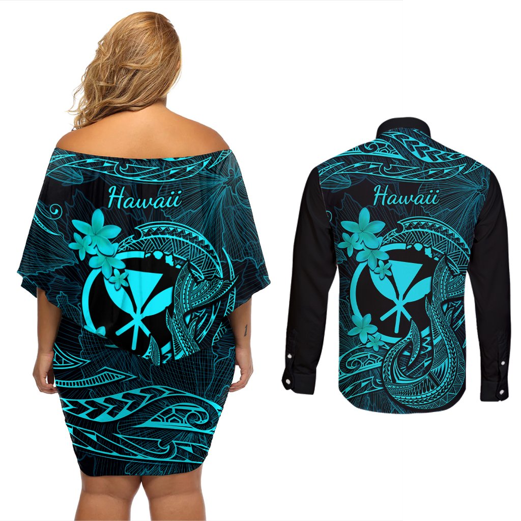 Hawaii Couples Matching Off Shoulder Short Dress and Long Sleeve Button Shirts Fish Hook Tattoo Mix Polynesian Plumeria Turquoise Version LT14 - Polynesian Pride
