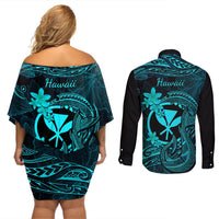 Hawaii Couples Matching Off Shoulder Short Dress and Long Sleeve Button Shirts Fish Hook Tattoo Mix Polynesian Plumeria Turquoise Version LT14 - Polynesian Pride