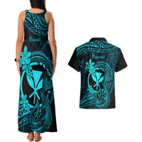 Hawaii Couples Matching Tank Maxi Dress and Hawaiian Shirt Fish Hook Tattoo Mix Polynesian Plumeria Turquoise Version LT14 - Polynesian Pride