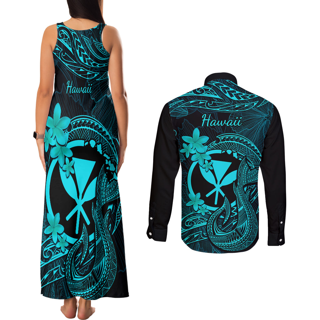 Hawaii Couples Matching Tank Maxi Dress and Long Sleeve Button Shirts Fish Hook Tattoo Mix Polynesian Plumeria Turquoise Version LT14 - Polynesian Pride