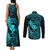 Hawaii Couples Matching Tank Maxi Dress and Long Sleeve Button Shirts Fish Hook Tattoo Mix Polynesian Plumeria Turquoise Version LT14 - Polynesian Pride