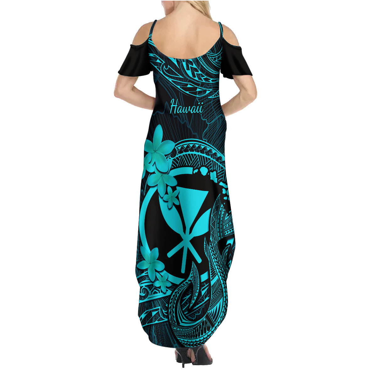 Hawaii Family Matching Summer Maxi Dress and Hawaiian Shirt Fish Hook Tattoo Mix Polynesian Plumeria Turquoise Version LT14 - Polynesian Pride