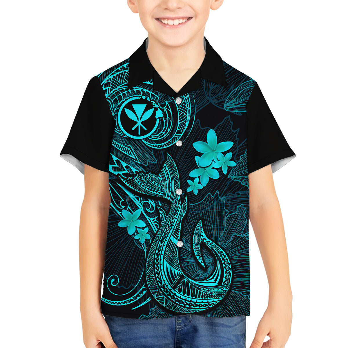 Hawaii Kid Hawaiian Shirt Fish Hook Tattoo Mix Polynesian Plumeria Turquoise Version LT14 - Polynesian Pride