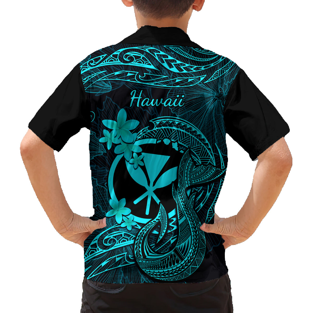 Hawaii Kid Hawaiian Shirt Fish Hook Tattoo Mix Polynesian Plumeria Turquoise Version LT14 - Polynesian Pride