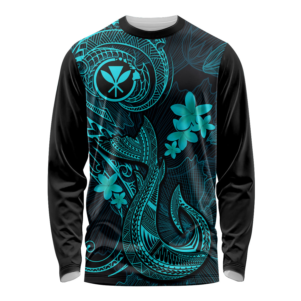 Hawaii Long Sleeve Shirt Fish Hook Tattoo Mix Polynesian Plumeria Turquoise Version LT14 Unisex Turquoise - Polynesian Pride