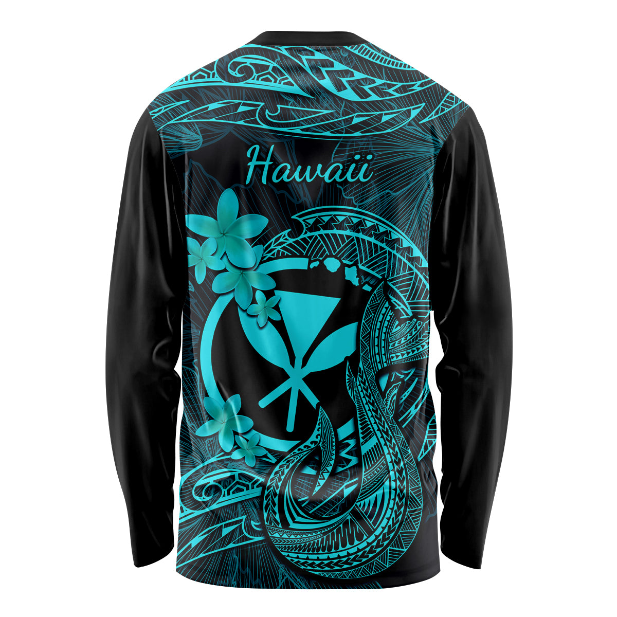 Hawaii Long Sleeve Shirt Fish Hook Tattoo Mix Polynesian Plumeria Turquoise Version LT14 - Polynesian Pride