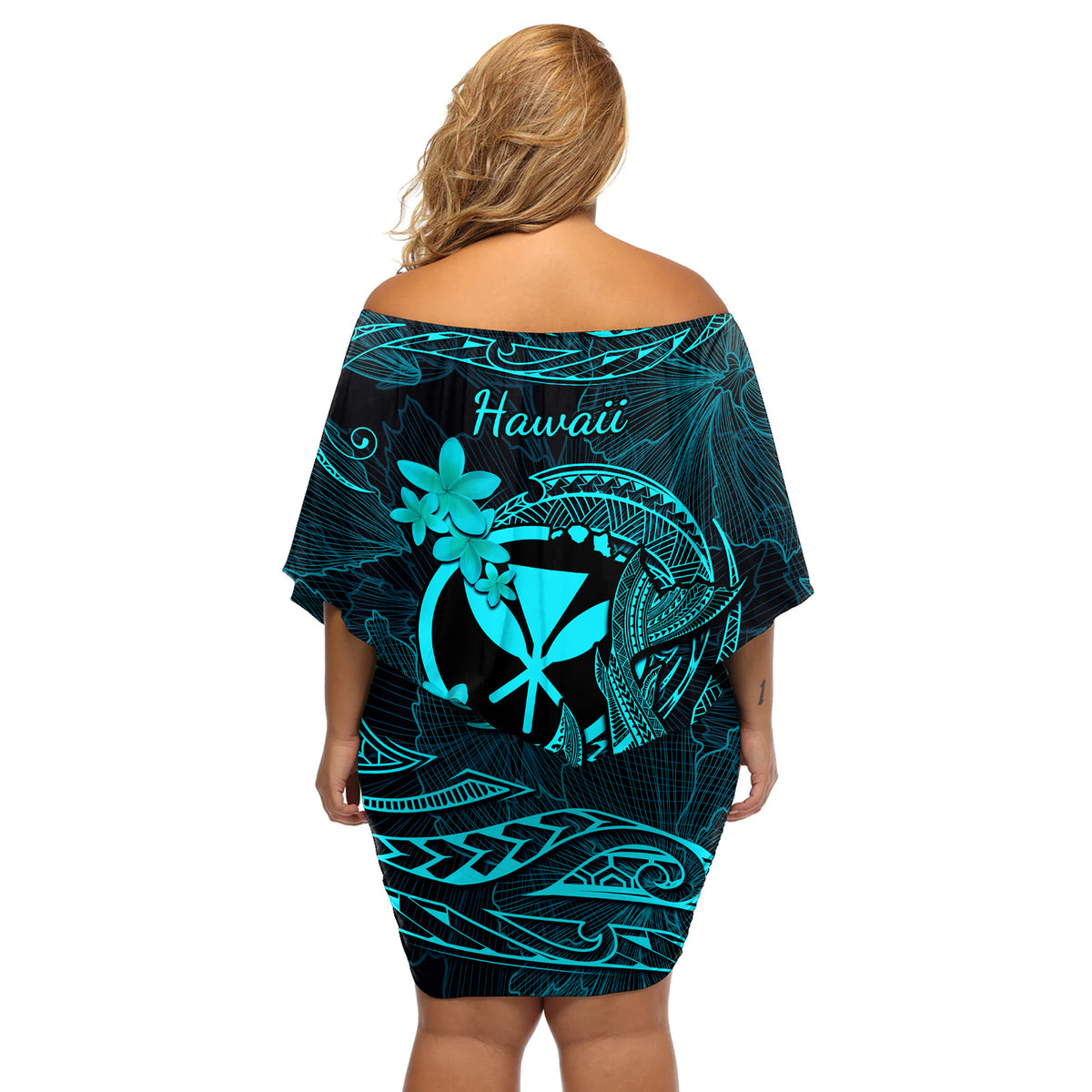 Hawaii Off Shoulder Short Dress Fish Hook Tattoo Mix Polynesian Plumeria Turquoise Version LT14 - Polynesian Pride