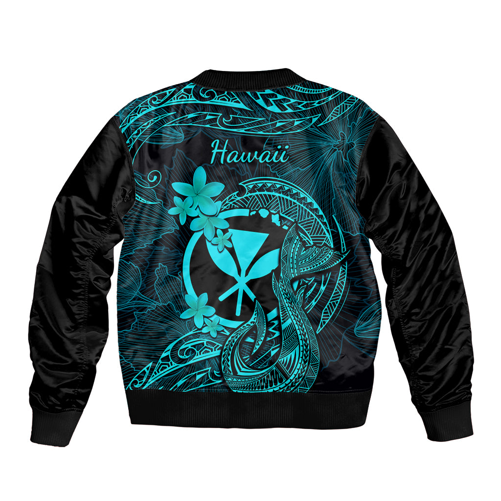 Hawaii Sleeve Zip Bomber Jacket Fish Hook Tattoo Mix Polynesian Plumeria Turquoise Version LT14 - Polynesian Pride