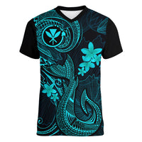 Hawaii Women V Neck T Shirt Fish Hook Tattoo Mix Polynesian Plumeria Turquoise Version LT14 Female Turquoise - Polynesian Pride