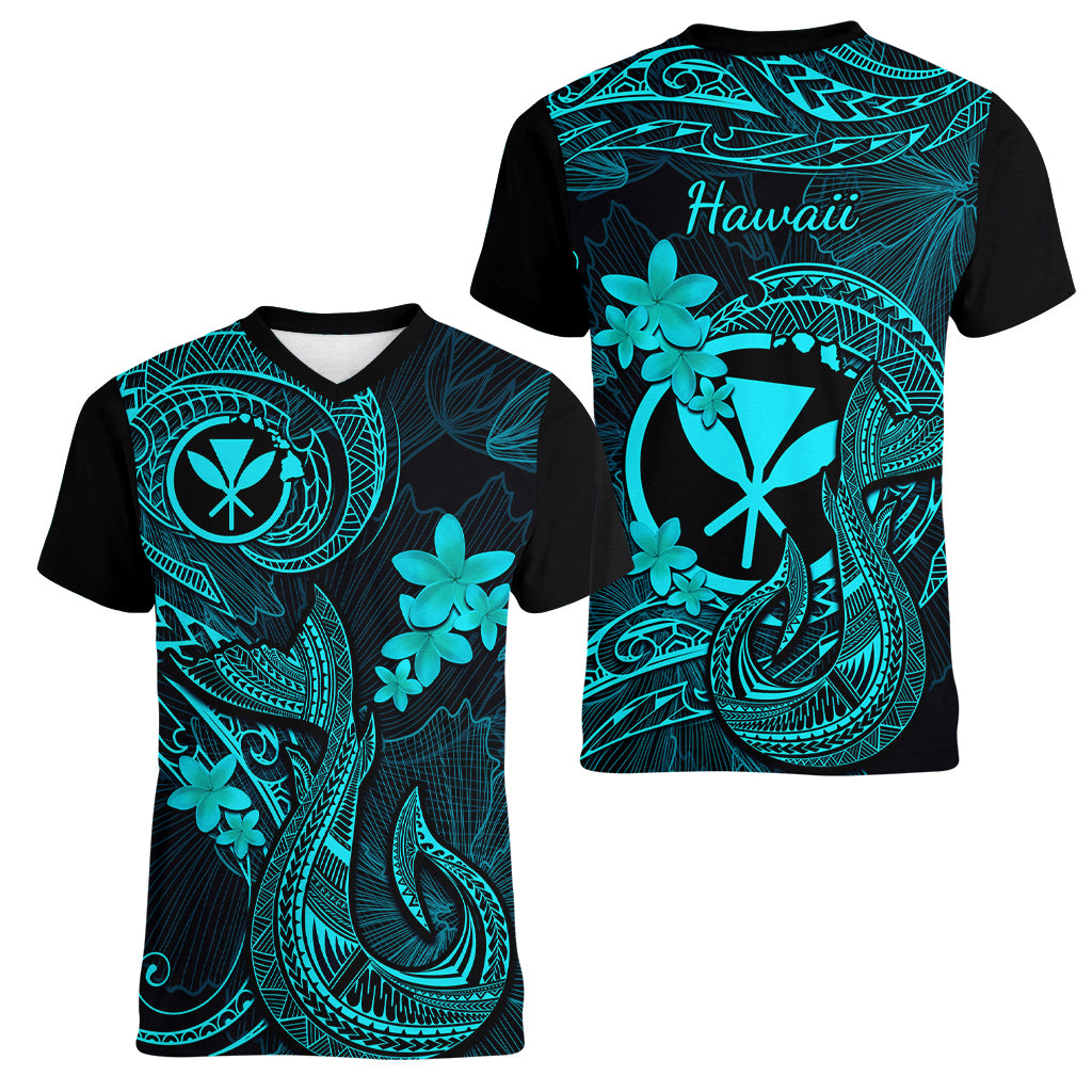 Hawaii Women V Neck T Shirt Fish Hook Tattoo Mix Polynesian Plumeria Turquoise Version LT14 - Polynesian Pride