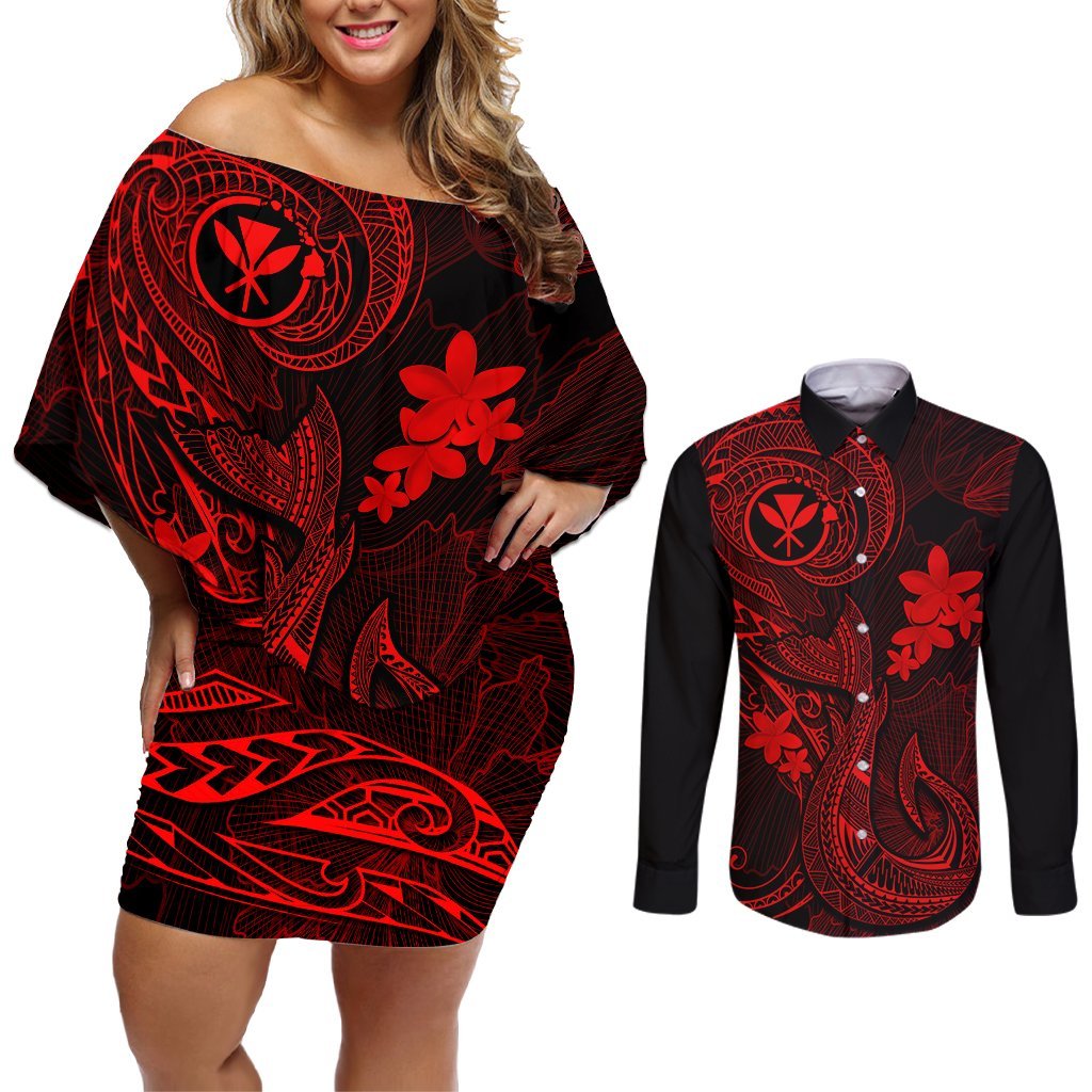 Hawaii Couples Matching Off Shoulder Short Dress and Long Sleeve Button Shirts Fish Hook Tattoo Mix Polynesian Plumeria Red Version LT14 Red - Polynesian Pride
