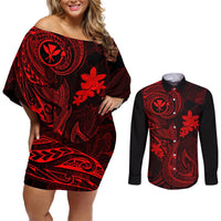 Hawaii Couples Matching Off Shoulder Short Dress and Long Sleeve Button Shirts Fish Hook Tattoo Mix Polynesian Plumeria Red Version LT14 Red - Polynesian Pride