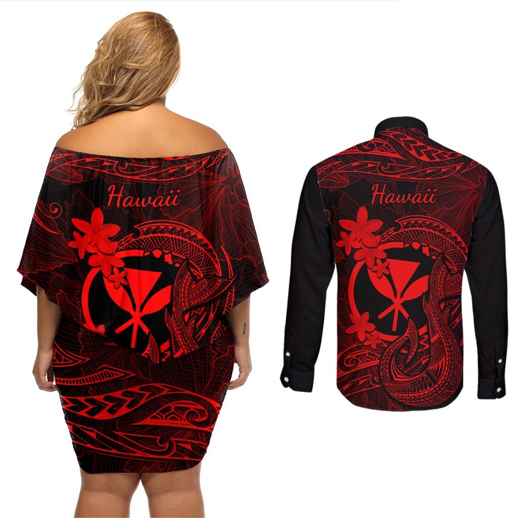 Hawaii Couples Matching Off Shoulder Short Dress and Long Sleeve Button Shirts Fish Hook Tattoo Mix Polynesian Plumeria Red Version LT14 - Polynesian Pride
