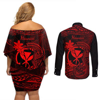 Hawaii Couples Matching Off Shoulder Short Dress and Long Sleeve Button Shirts Fish Hook Tattoo Mix Polynesian Plumeria Red Version LT14 - Polynesian Pride