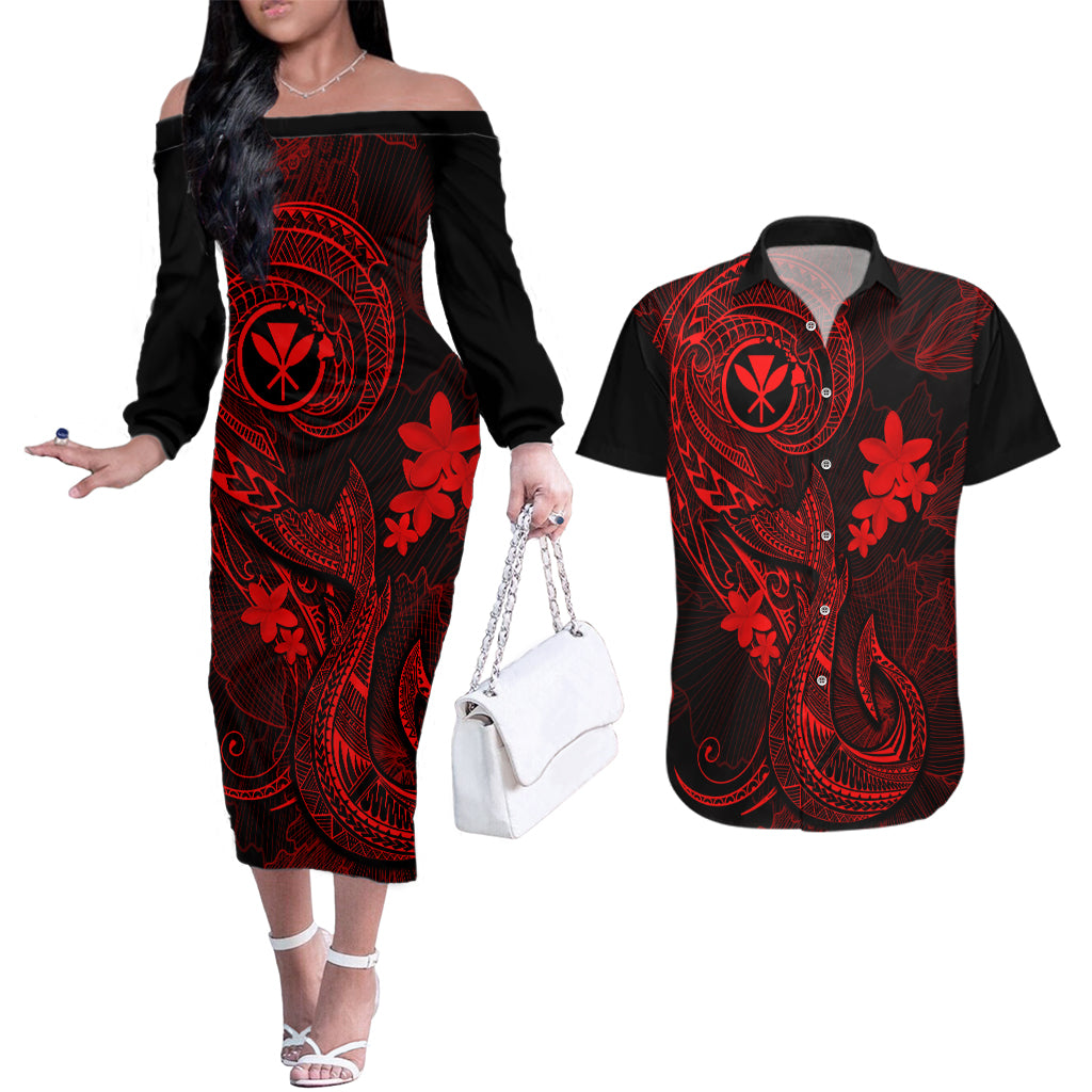 Hawaii Couples Matching Off The Shoulder Long Sleeve Dress and Hawaiian Shirt Fish Hook Tattoo Mix Polynesian Plumeria Red Version LT14 Red - Polynesian Pride
