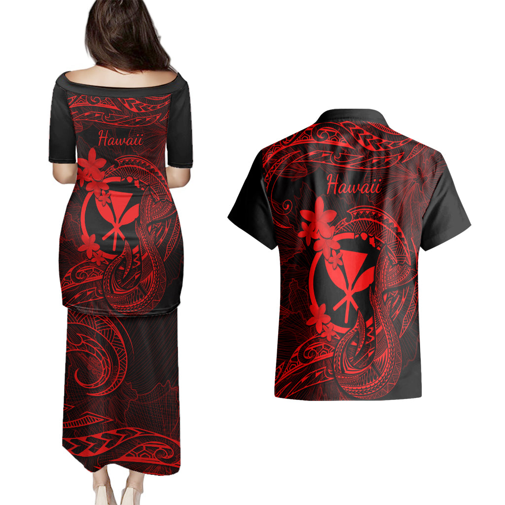 Hawaii Couples Matching Puletasi Dress and Hawaiian Shirt Fish Hook Tattoo Mix Polynesian Plumeria Red Version LT14 - Polynesian Pride