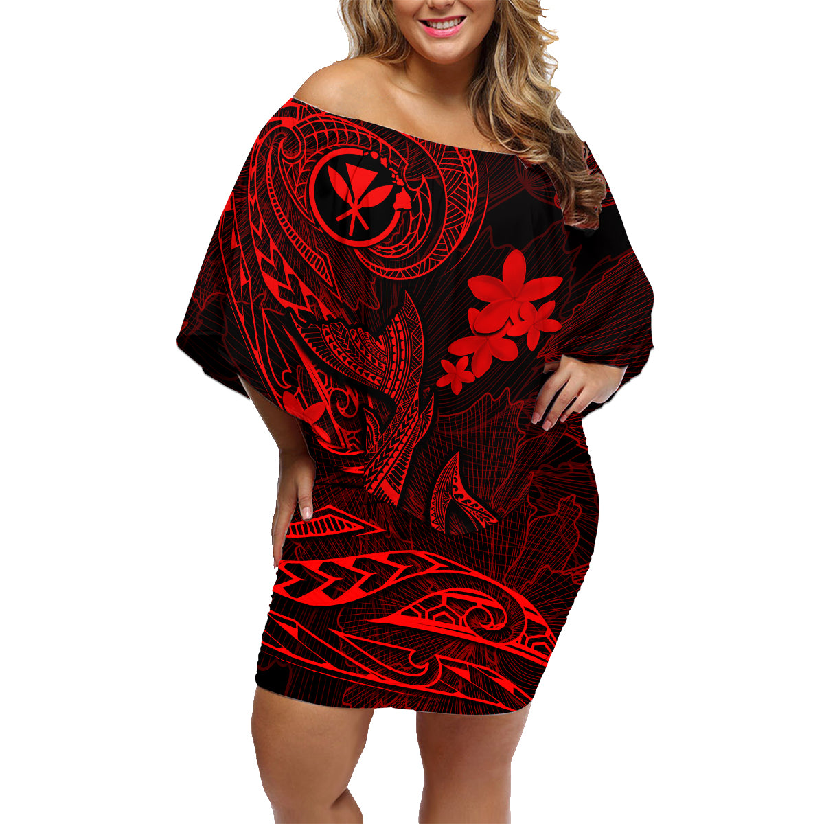 Hawaii Family Matching Off Shoulder Short Dress and Hawaiian Shirt Fish Hook Tattoo Mix Polynesian Plumeria Red Version LT14 Mom's Dress Red - Polynesian Pride