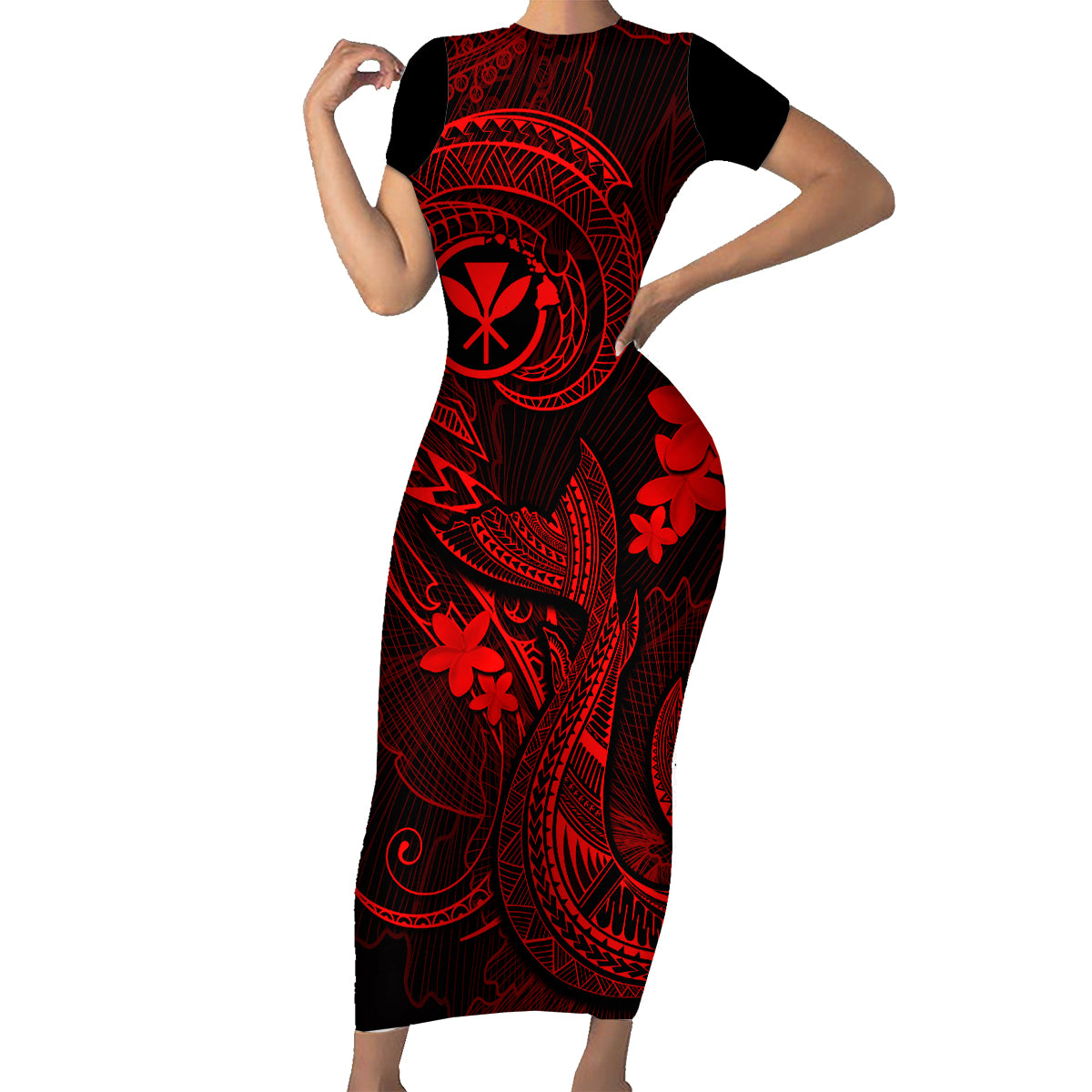 Hawaii Family Matching Short Sleeve Bodycon Dress and Hawaiian Shirt Fish Hook Tattoo Mix Polynesian Plumeria Red Version LT14 Mom's Dress Red - Polynesian Pride